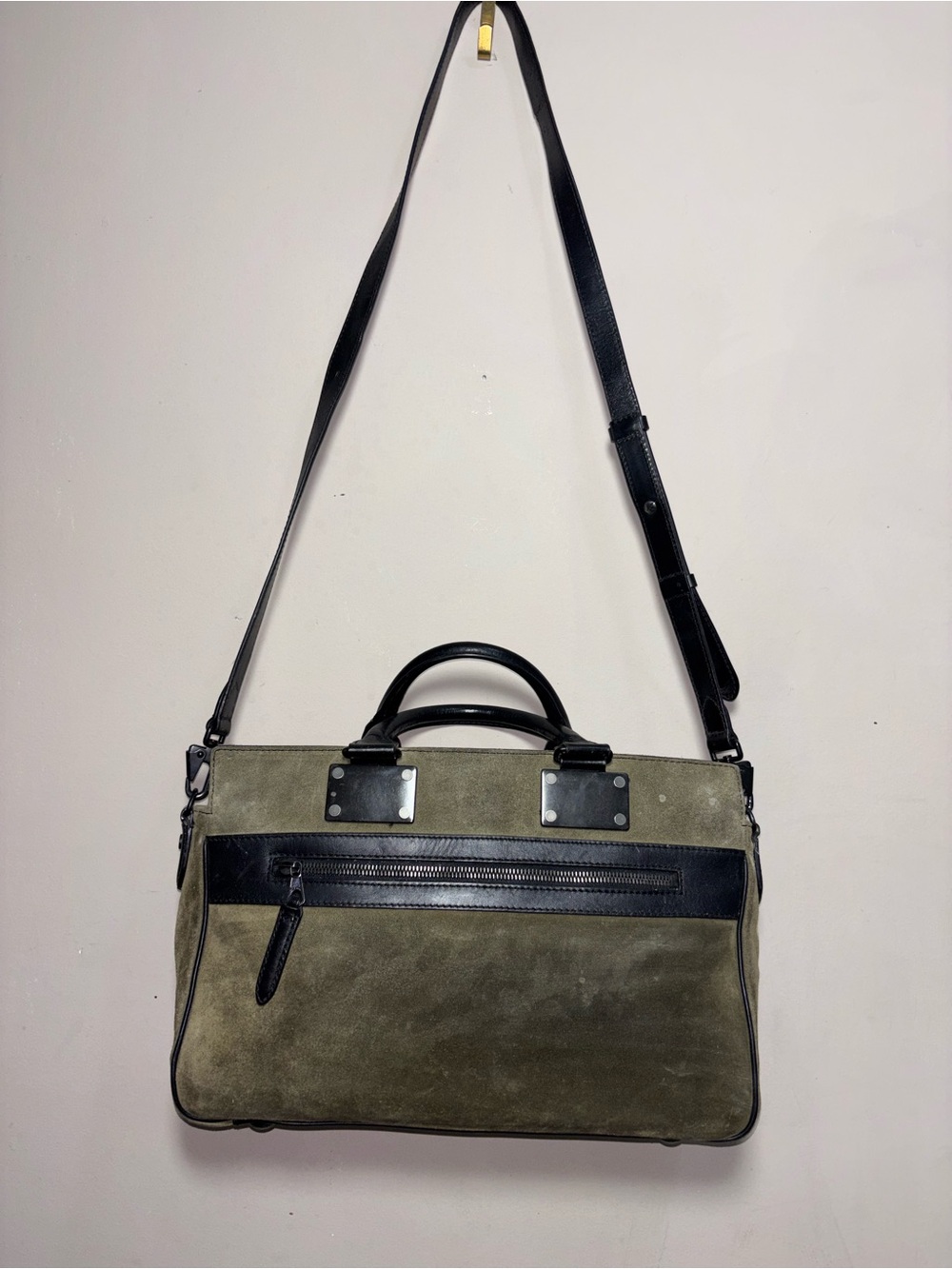 Rag & Bone NY Green Suede And Black Leather Pilots Bag Purse Crossbody Shoulder